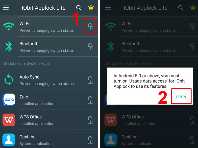Chọn biểu tượng ổ kh&oacute;a ở Bluetooth v&agrave; Nhấn Open 